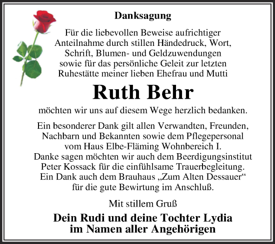 Traueranzeige von Ruth Behr von Trauerkombi Dessau