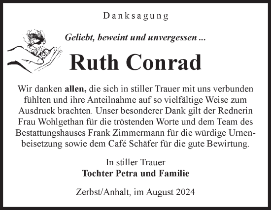 Traueranzeige von Ruth Conrad von Volksstimme Zerbst