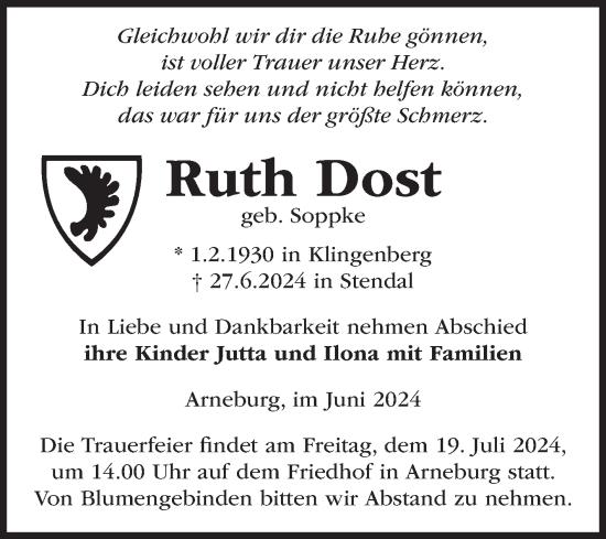 Traueranzeige von Ruth Dost von Volksstimme Altmark Ost
