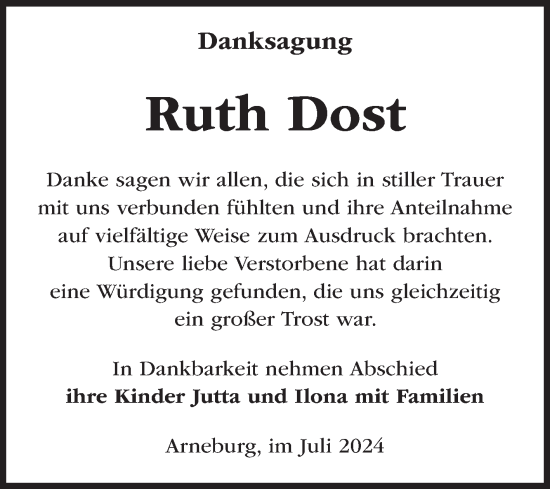 Traueranzeige von Ruth Dost von Volksstimme Altmark Ost