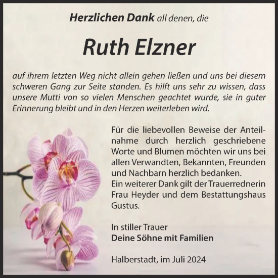 Traueranzeige von Ruth Elzner von Volksstimme Halberstadt