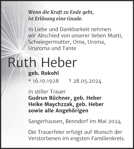 Traueranzeige von Ruth Heber von Trauerkombi Sangerhausen