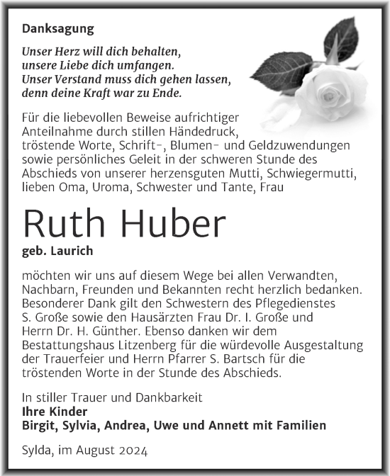Traueranzeige von Ruth Huber von Trauerkombi Mansfelder Land