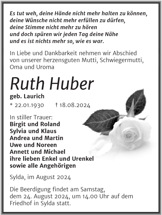 Traueranzeige von Ruth Huber von Mitteldeutsche Zeitung Mansfelder Land
