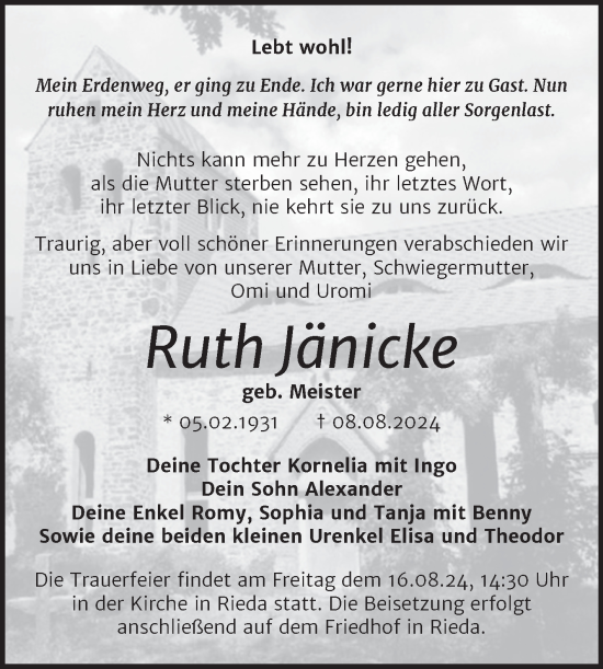 Traueranzeige von Ruth Jänicke von Trauerkombi Bitterfeld