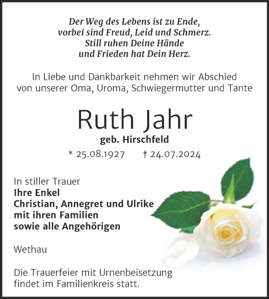 Traueranzeige von Ruth Jahr von Super Sonntag Naumburg/Nebra