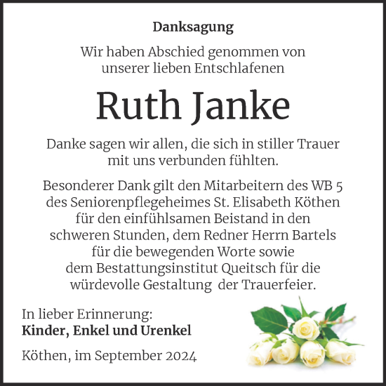 Traueranzeige von Ruth Janke von Trauerkombi Köthen