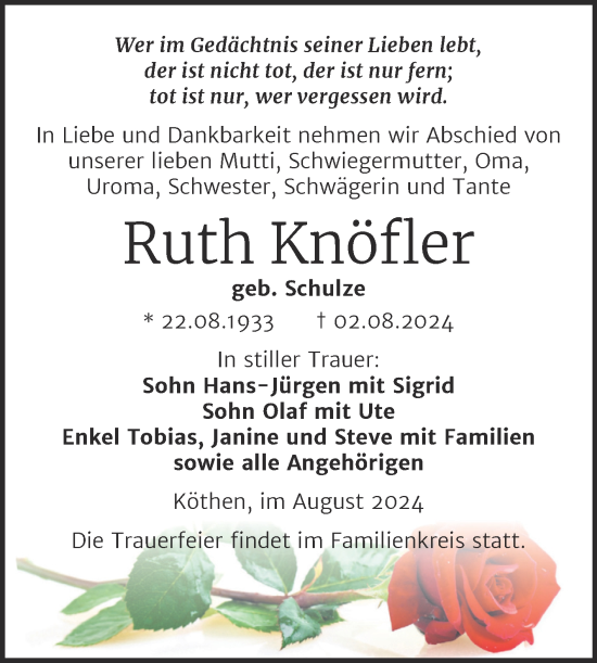 Traueranzeige von Ruth Knöfler von Trauerkombi Köthen