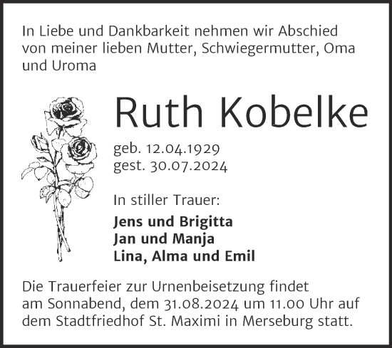Traueranzeige von Ruth Kobelke von Trauerkombi Merseburg