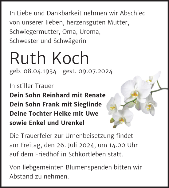Traueranzeige von Ruth Koch von Trauerkombi Weißenfels