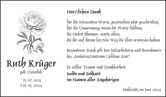 Traueranzeige von Ruth Krüger von Trauerkombi Sangerhausen