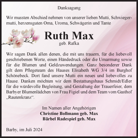 Traueranzeige von Ruth Max von Volksstimme Schönebeck