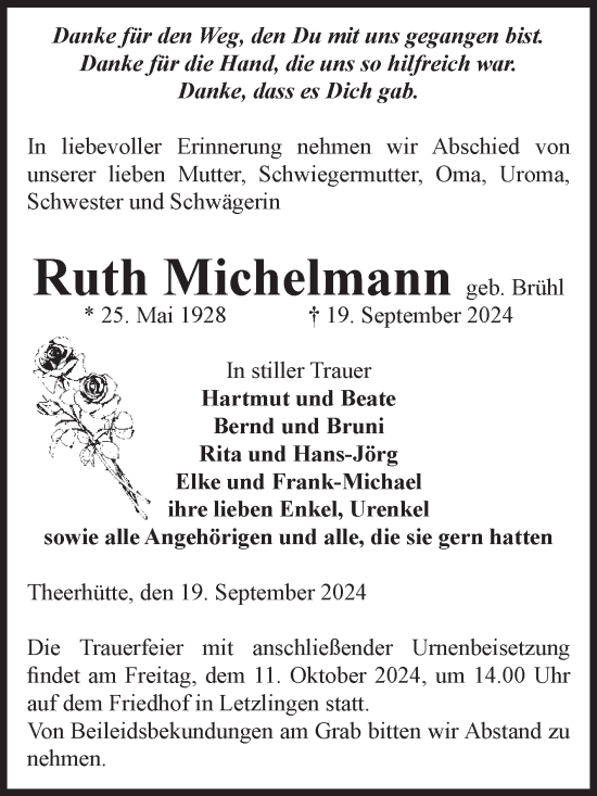 Traueranzeige von Ruth Michelmann von Volksstimme Altmark West
