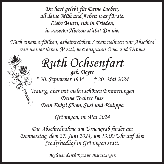 Traueranzeige von Ruth Ochsenfart von Volksstimme Oschersleben/Wanzleben