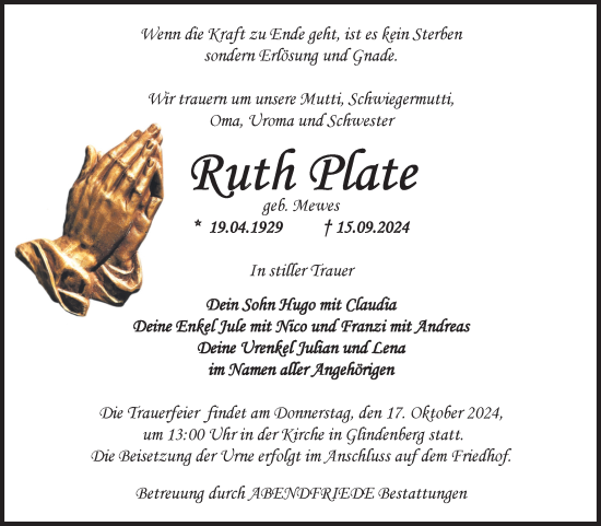 Traueranzeige von Ruth Plate von Volksstimme Haldensleben/Wolmirstedt