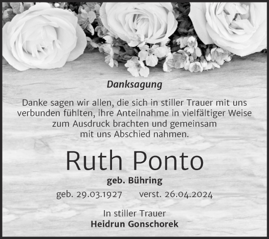 Traueranzeige von Ruth Ponto von Trauerkombi Weißenfels