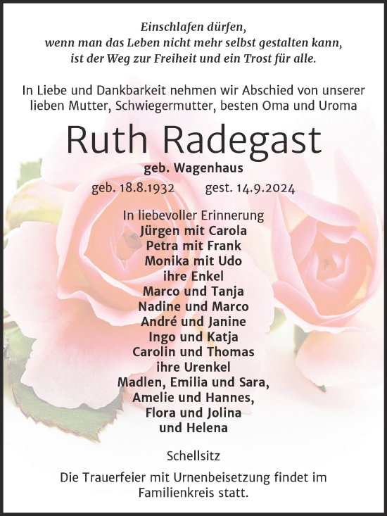 Traueranzeige von Ruth Radegast von Super Sonntag Naumburg/Nebra