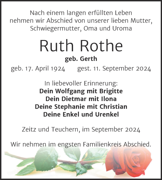 Traueranzeige von Ruth Rothe von Trauerkombi Weißenfels