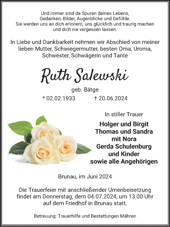 Traueranzeige von Ruth Salewski von Volksstimme Altmark West
