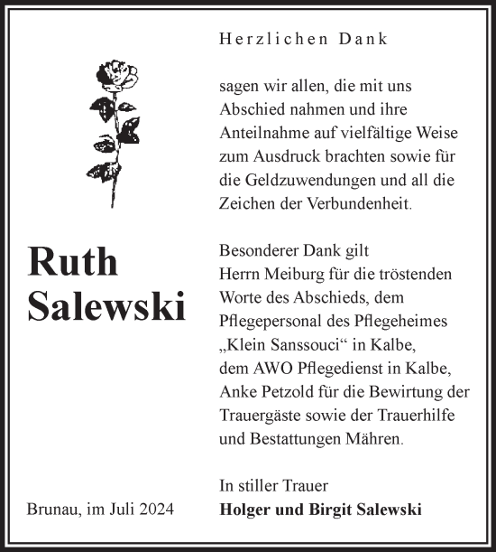 Traueranzeige von Ruth Salewski von Volksstimme Altmark West