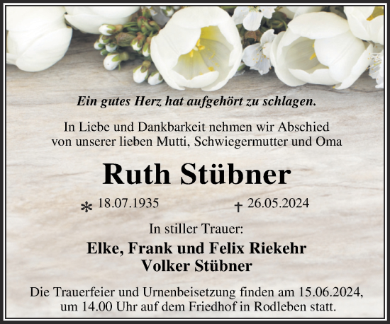 Traueranzeige von Ruth Stübner von Trauerkombi Dessau