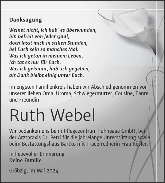 Traueranzeige von Ruth Webel von Trauerkombi Köthen