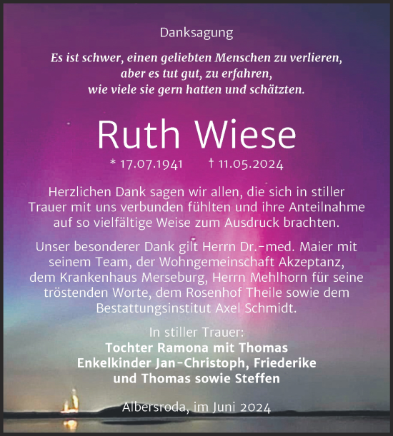 Traueranzeige von Ruth Wiese von Trauerkombi Merseburg