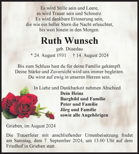 Traueranzeige von Ruth Wunsch von Volksstimme Altmark Ost