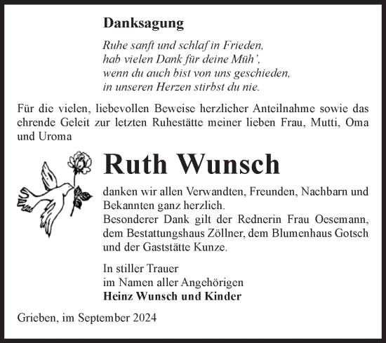 Traueranzeige von Ruth Wunsch von Volksstimme Altmark Ost