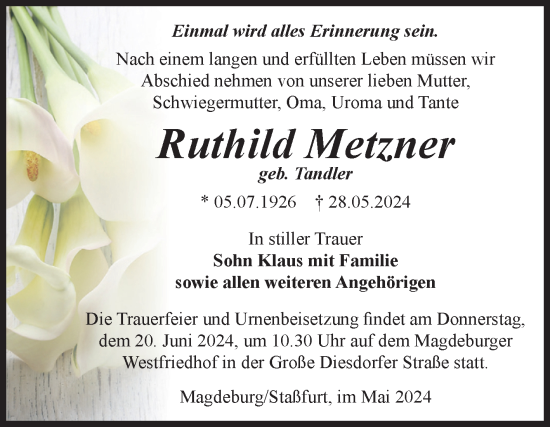 Traueranzeige von Ruthild Metzner von Volksstimme Staßfurt