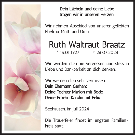 Traueranzeige von Ruth Waltraut Braatz von Volksstimme Altmark Ost
