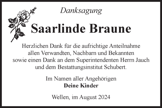 Traueranzeige von Saarlinde Braune von Volksstimme Haldensleben/Wolmirstedt