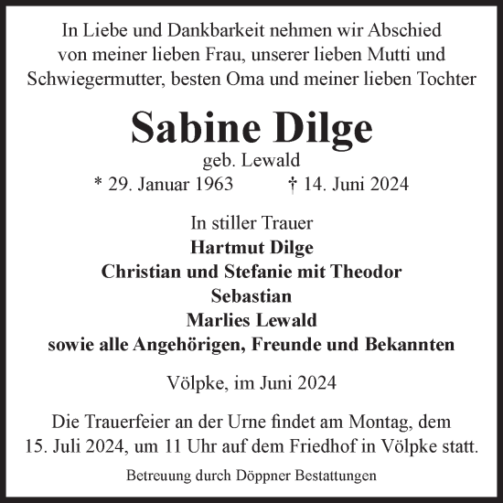 Traueranzeige von Sabine Dilge von Volksstimme Oschersleben/Wanzleben