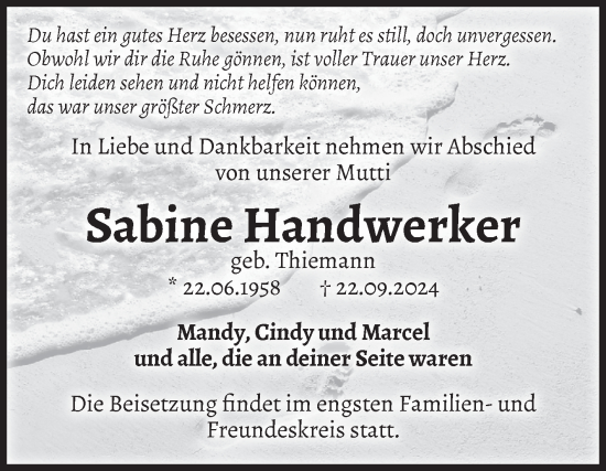 Traueranzeige von Sabine Handwerker von Volksstimme Zerbst