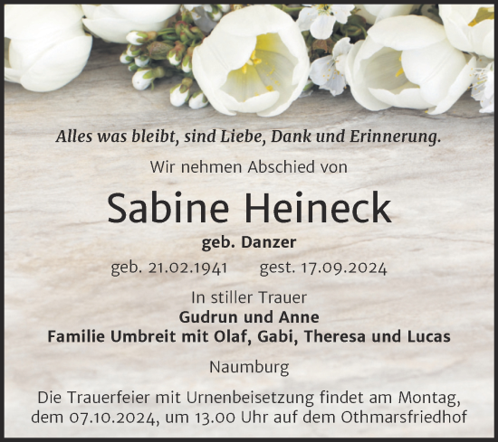 Traueranzeige von Sabine Heineck von Super Sonntag Naumburg/Nebra