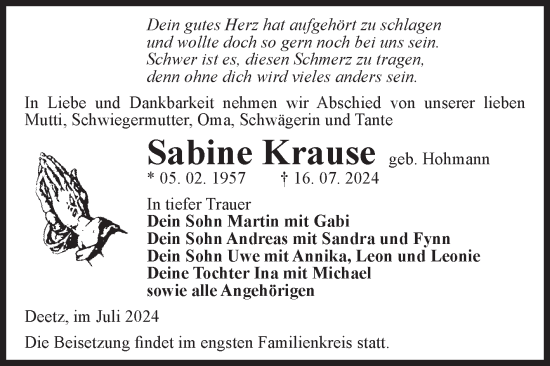 Traueranzeige von Sabine Krause von Volksstimme Zerbst