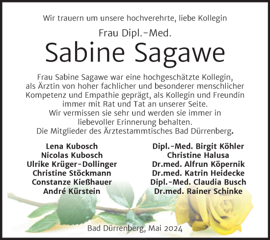Traueranzeige von Sabine Sagawe von Mitteldeutsche Zeitung Merseburg/Querfurt