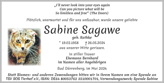 Traueranzeige von Sabine Sagawe von Trauerkombi Merseburg