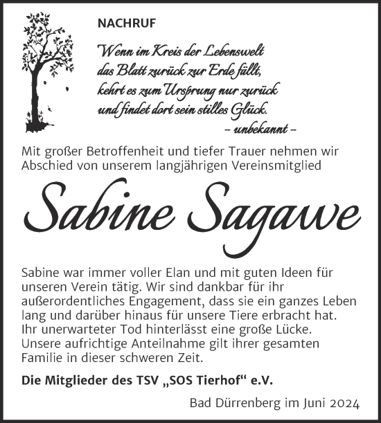 Traueranzeige von Sabine Sagawe von Trauerkombi Merseburg