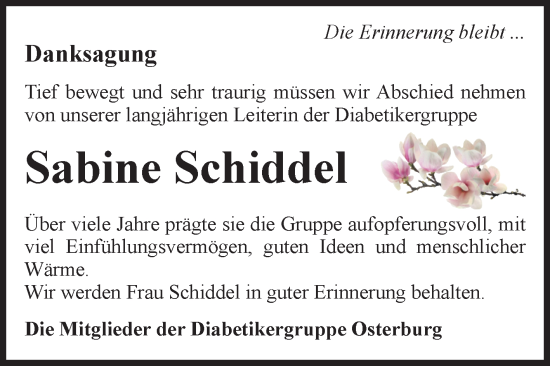 Traueranzeige von Sabine Schiddel von Volksstimme Altmark Ost