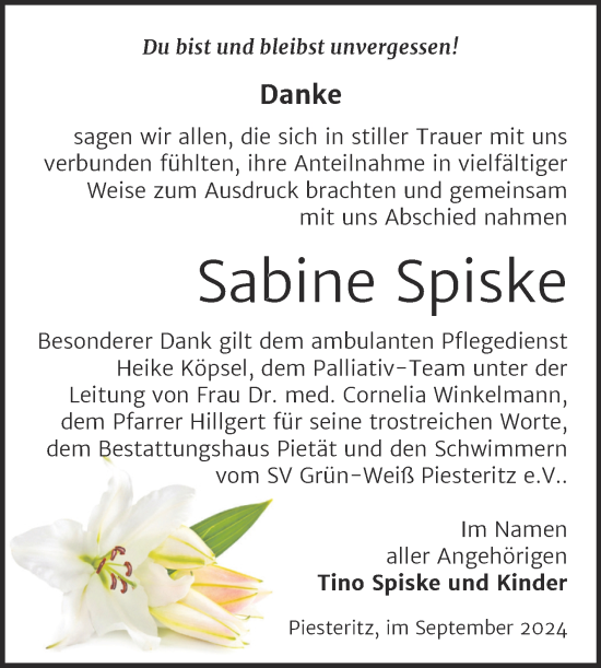 Traueranzeige von Sabine Spiske von Trauerkombi Wittenberg