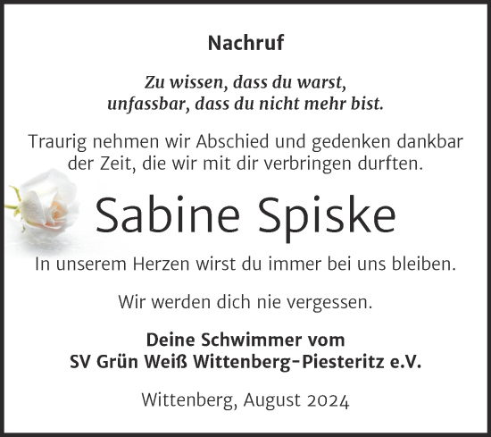 Traueranzeige von Sabine Spiske von Super Sonntag Wittenberg