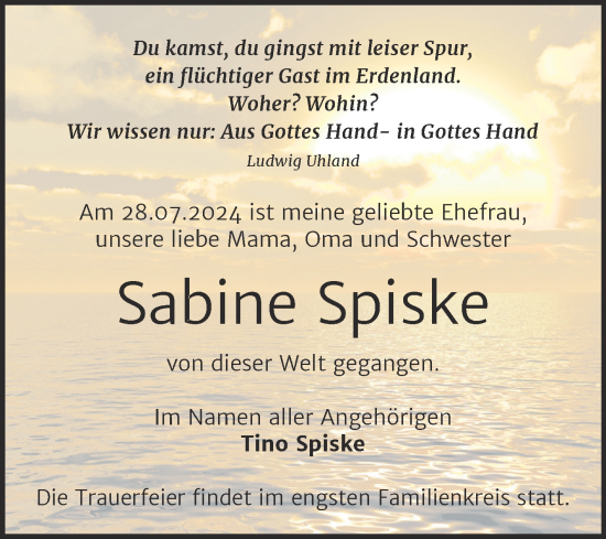 Traueranzeige von Sabine Spiske von Trauerkombi Wittenberg