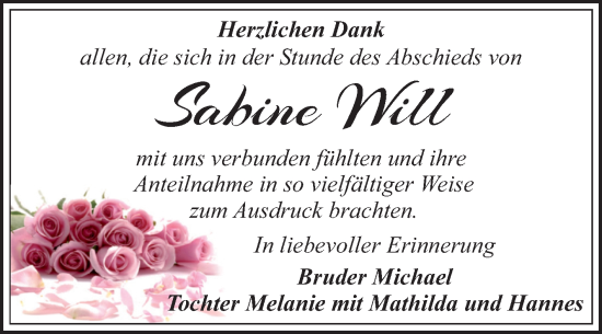 Traueranzeige von Sabine Will von Trauerkombi Dessau