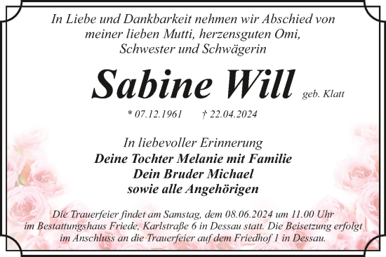 Traueranzeige von Sabine Will von Trauerkombi Dessau