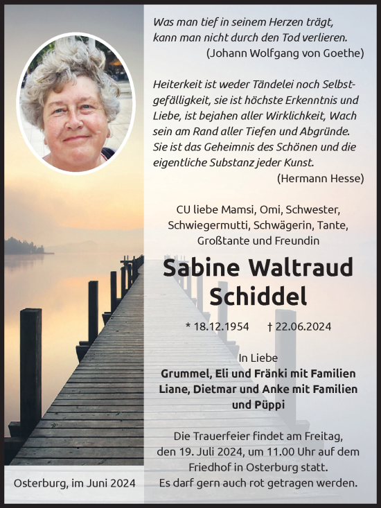 Traueranzeige von Sabine Waltraud Schiddel von Volksstimme Altmark Ost