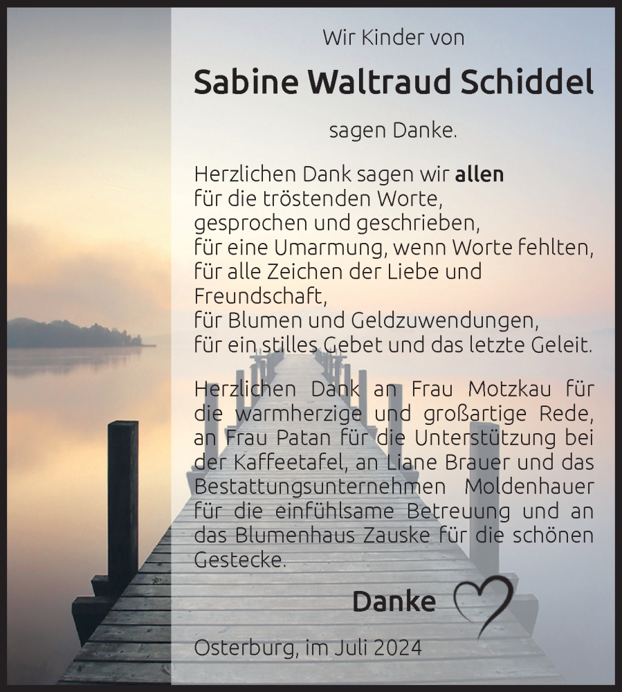  Traueranzeige für Sabine Waltraud Schiddel vom 27.07.2024 aus Volksstimme Altmark Ost