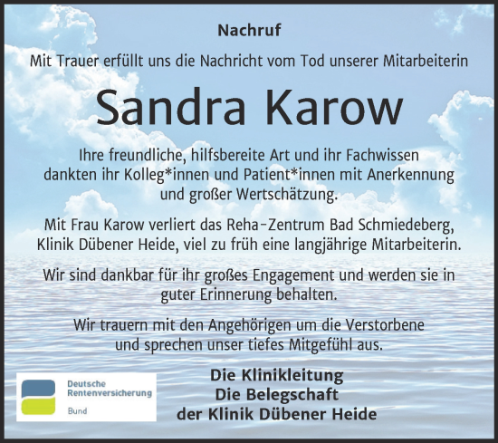 Traueranzeige von Sandra Karow von Super Sonntag Wittenberg
