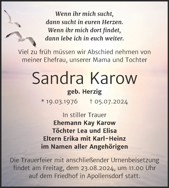 Traueranzeige von Sandra Karow von Trauerkombi Wittenberg