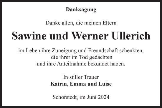 Traueranzeige von Sawine und Werner Ullerich von Volksstimme Altmark Ost